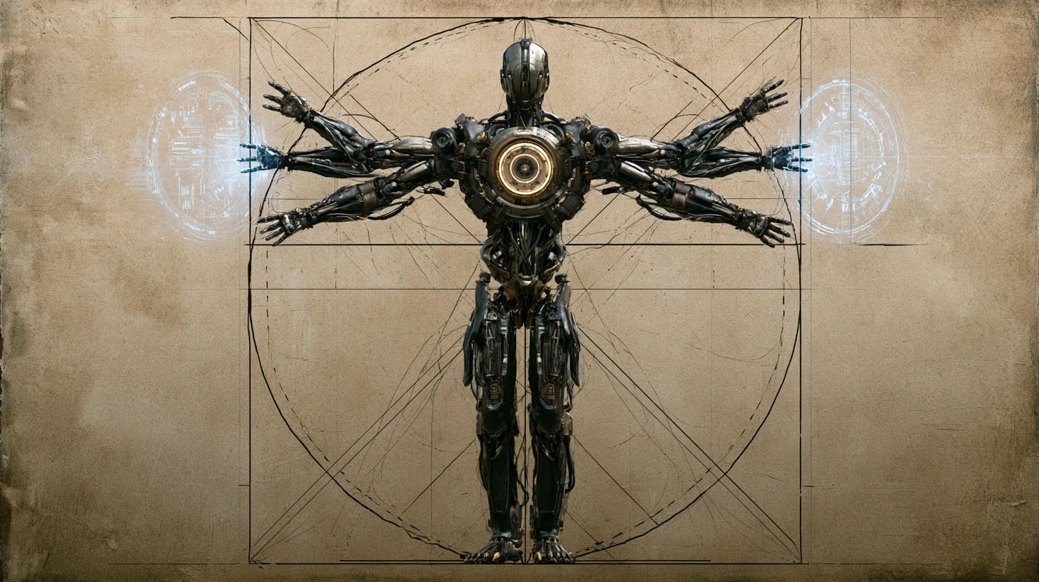 A robot drawn in the pose of Leonardo da Vinci's Vitruvian Man, with four arms, on aged parchment